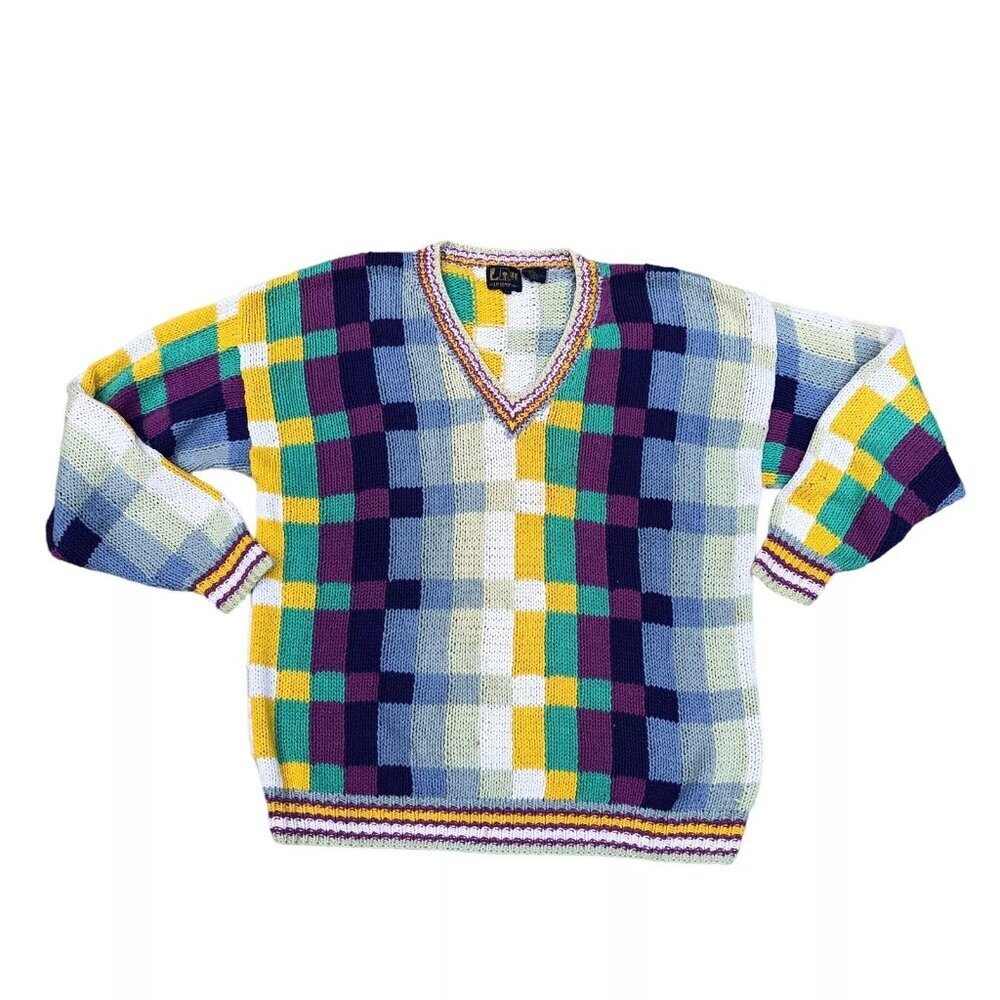 VTG 90s LEROY KNIT Ramit V Neck Sweater Mens LARGE Colorful Long Sleeve …​​